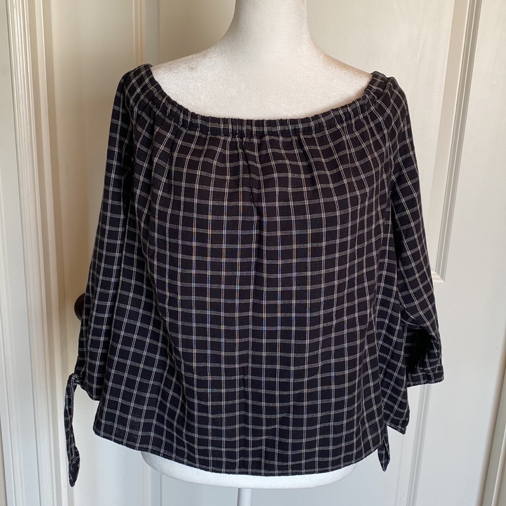 NWT Madewell check blouse Womens XL off shoulder Cotton boxy cropped shirt Top